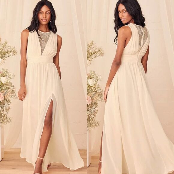 Lulu's Dresses & Skirts - Lulus Dreamy Devotion Gardenia Lace Chiffon Beige Sleeveless Maxi Dress Small